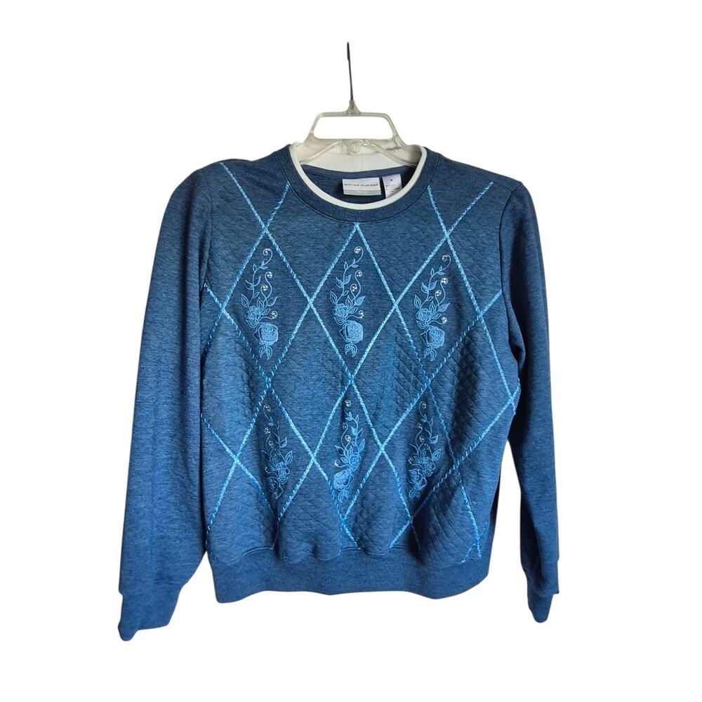 Alfred Dunner Petite Size "PL" Blue‎ Floral Embroidery Quilted Diamond Patterns